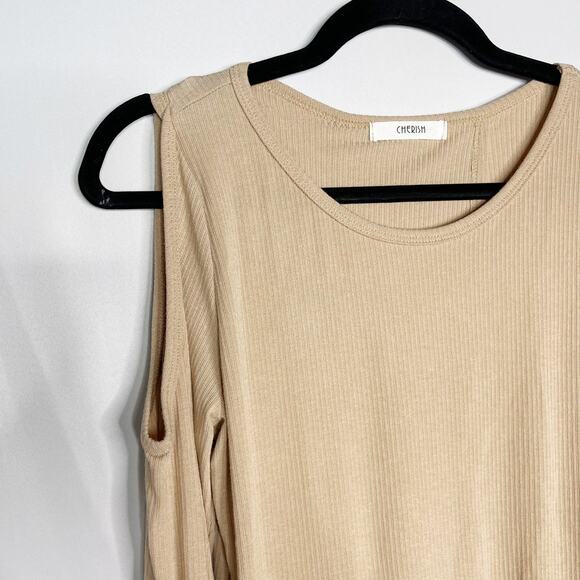 New Cherish Medium M Taupe Peach Open Back Cold Shoulder Long Sleeve Tee Tshirt - Picture 4 of 10
